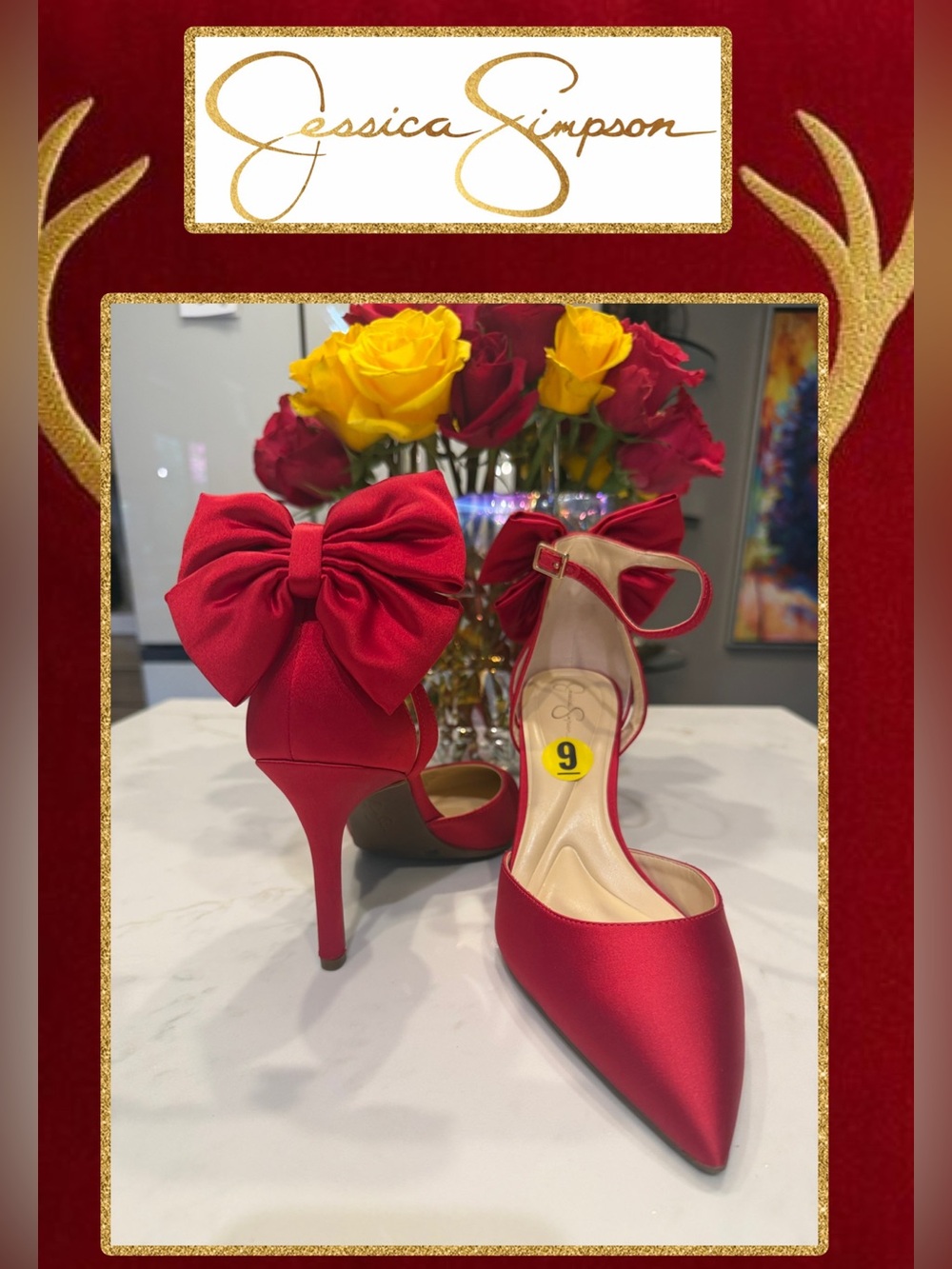 🆕 Jessica Simpson Red Satin Heels with Red Bow Accent